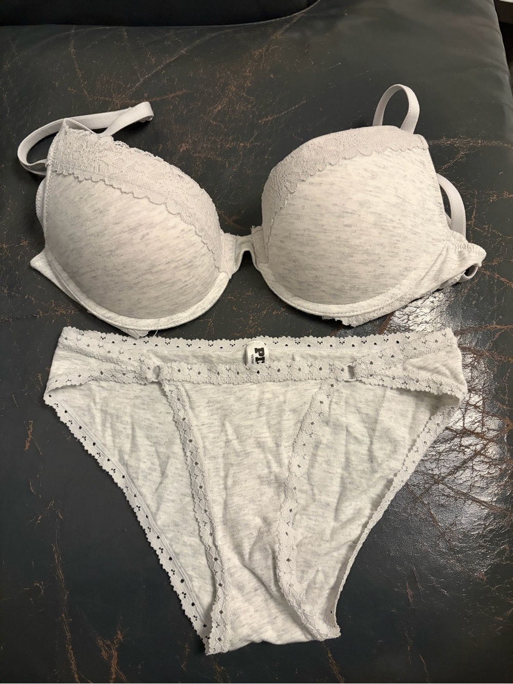 PINK Victoria's Secret Heather Light Gray Lace-Trim Bra & Bikini Set